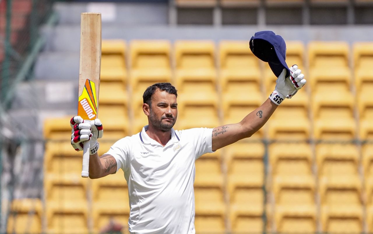Sheldon Jackson celebrates his century, Karnataka vs Saurashtra, Ranji Trophy semi-final, Day 3, Bengaluru, February 10, 2023