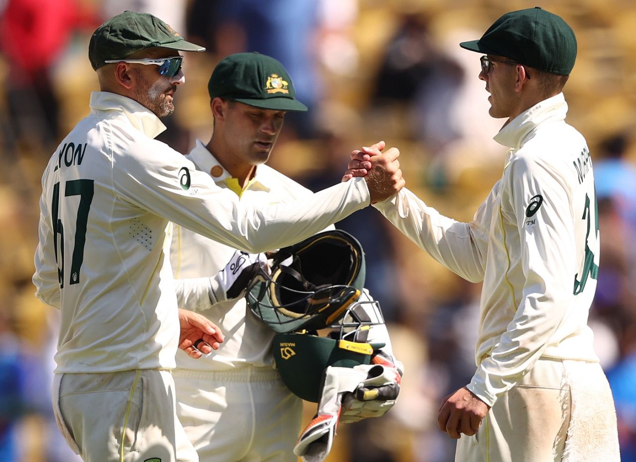 Nathan Lyon congratulates Todd Murphy on his seven-for, 1st Test, Nagpur, third day, February 11, 2023