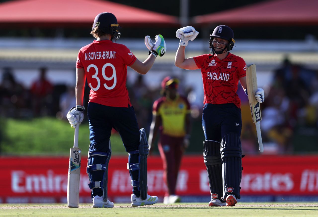 Nat Sciver-Brunt and Heather Knight celebrate England's victory, England vs West Indies, Women's T20 World Cup, Paarl, February 11, 2023
