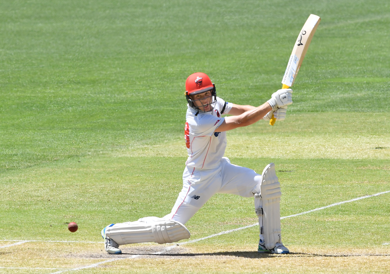 Nathan McSweeney drives during his hundred, South Australia vs Western Australia, Sheffield Shield, Adelaide Oval, February 12, 2023