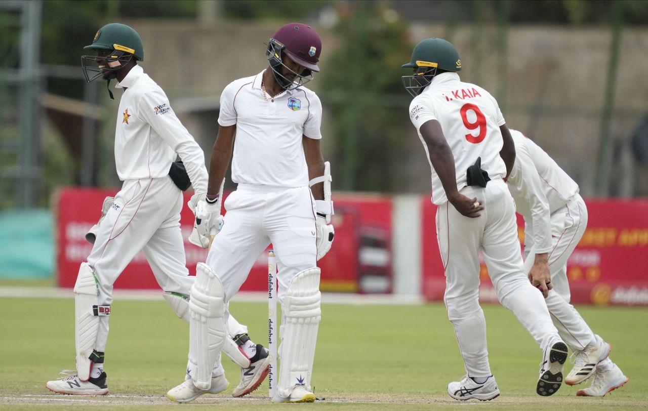 Kraigg Brathwaite is dejected after being trapped lbw by Wellington Masakadza for the third time in the series, Zimbabwe vs West Indies, 2nd Test, Bulawayo, 1st day, February 12, 2023