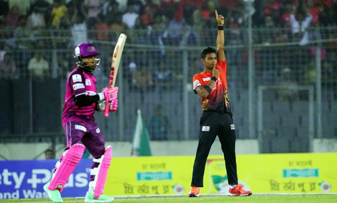Tanvir Islam celebrates a wicket, Sylhet Strikers vs Comilla Victorians, Qualifier 1, BPL, Mirpur, February 12, 2023
