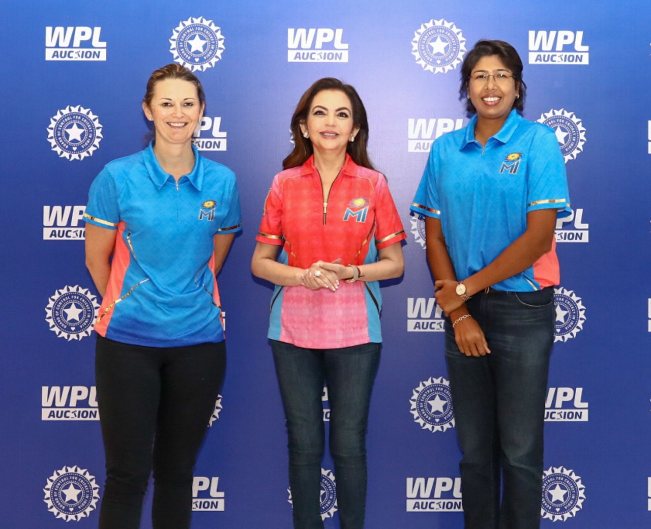 Charlotte Edwards and Jhulan Goswami, with Nita Ambani at the WPL auction, Mumbai, February 13, 2023