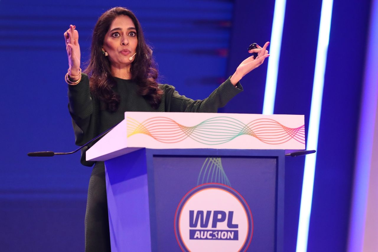Mallika Sagar was the auctioneer at the inaugural Women's Premier League auction, Mumbai, February 13, 2023