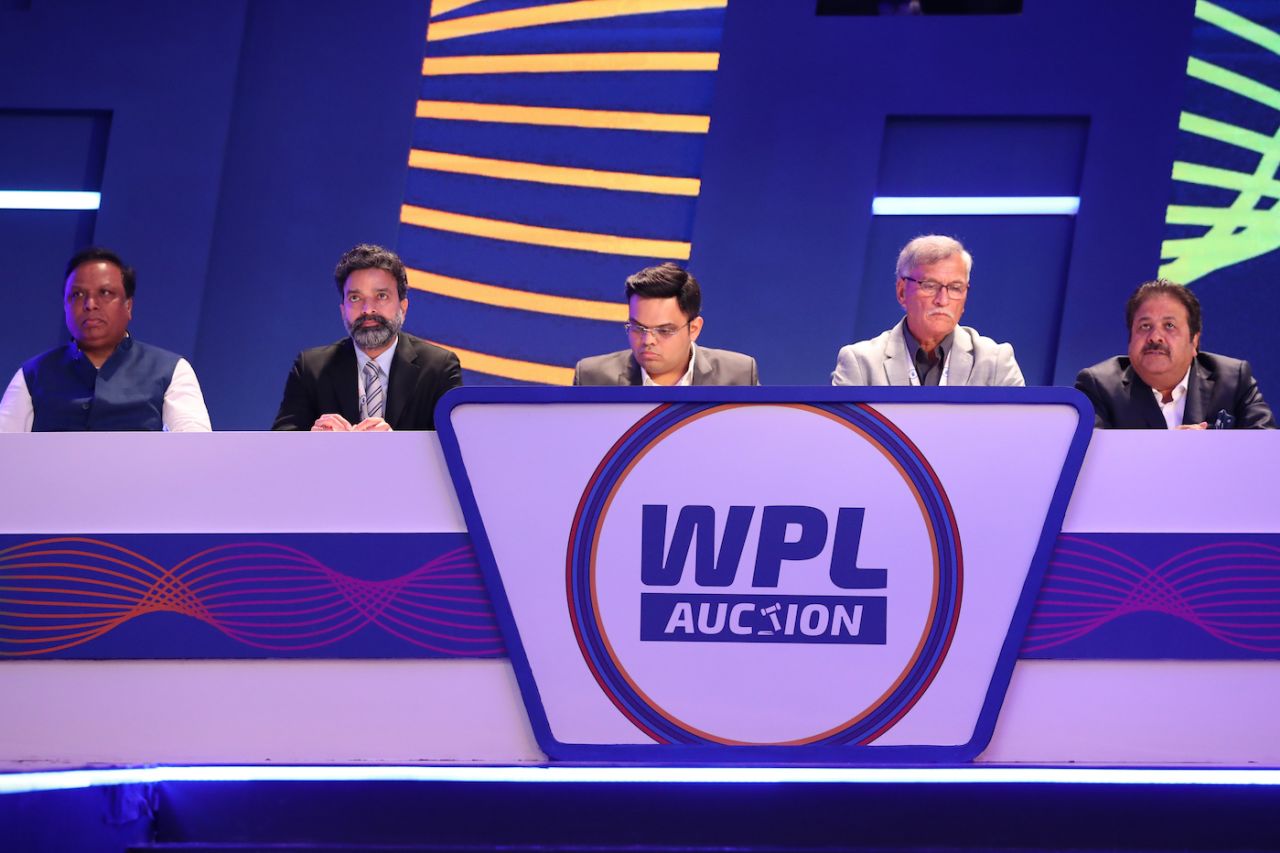 Roger Binny, Arun Dhumal, Rajeev Shukla, Devajit Saikia, Jay Shah look on during the auction, Mumbai, February 13, 2023