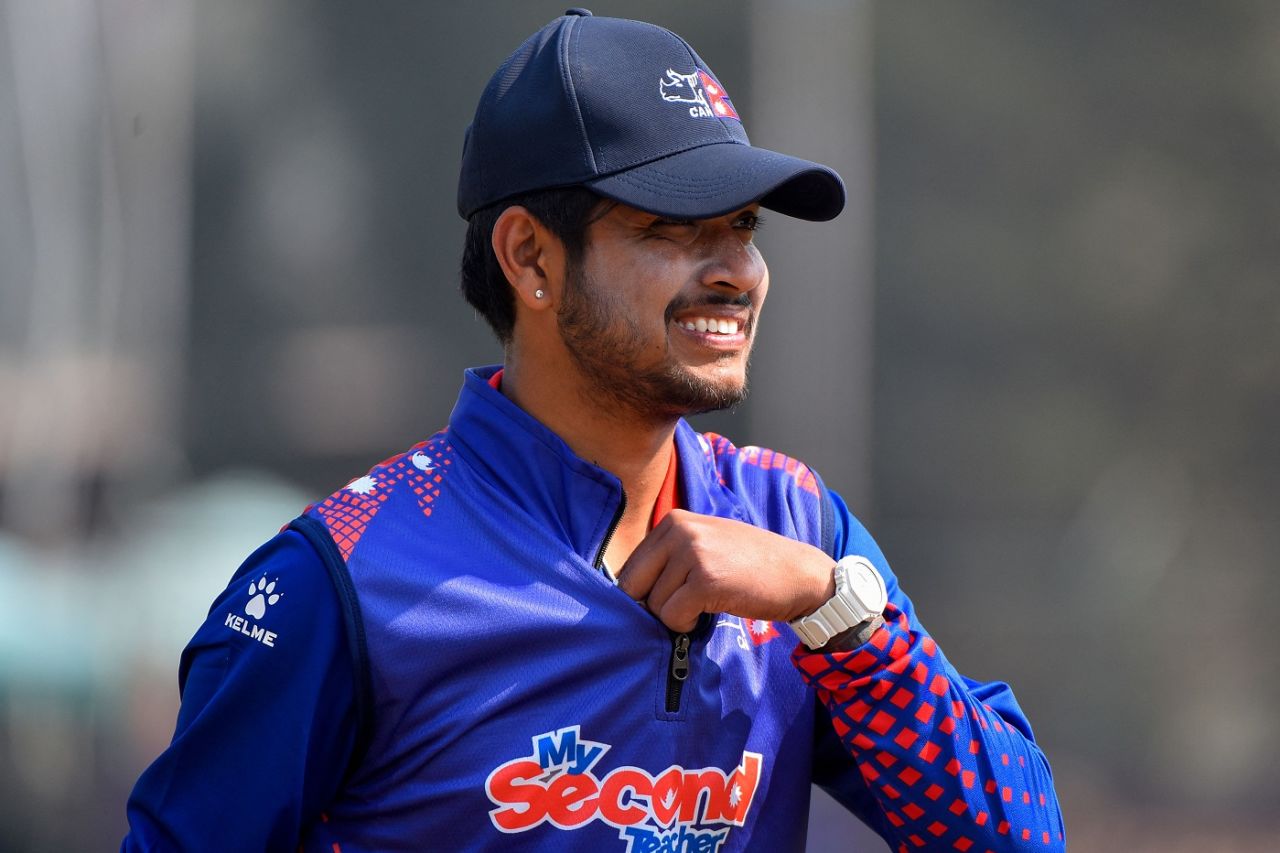 Sandeep Lamichchane looks on, Nepal vs Namibia, World Cup League 2, Kathmandu, February 14, 2023