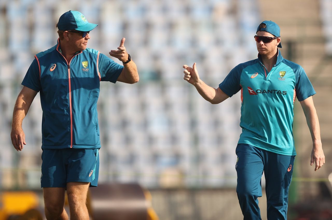 Andrew McDonald and Steven Smith head out to inspect the pitch in Delhi, Delhi, February 15, 2023