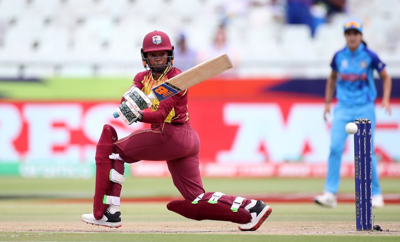 Shemaine Campbelle gets a four off Rajeshwari Gayakwad, India vs West Indies, Women's T20 World Cup, Cape Town, February 15, 2023