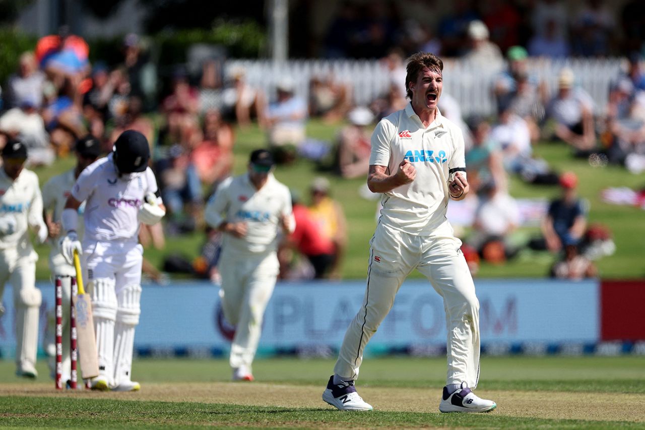 Blair Tickner roars after claiming his maiden Test wicket, New Zealand v England, 1st Test,  Mount Maunganui, February 16, 2023