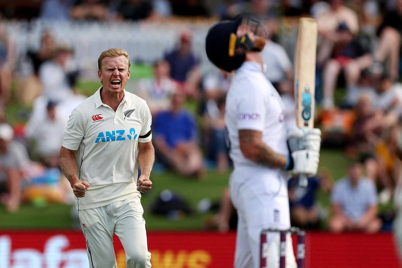 Scott Kuggeleijn enjoyed his maiden success in Test cricket, New Zealand v England, 1st Test, Mount Maunganui, February 16, 2023