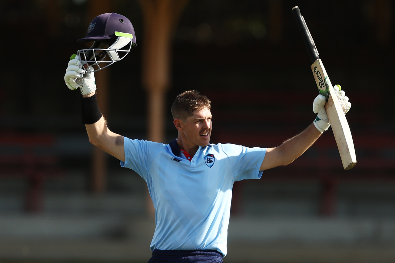Daniel Hughes raises his bat for another one-day hundred, New South Wales vs Tasmania, Marsh Cup, North Sydney Oval, February 16, 2023