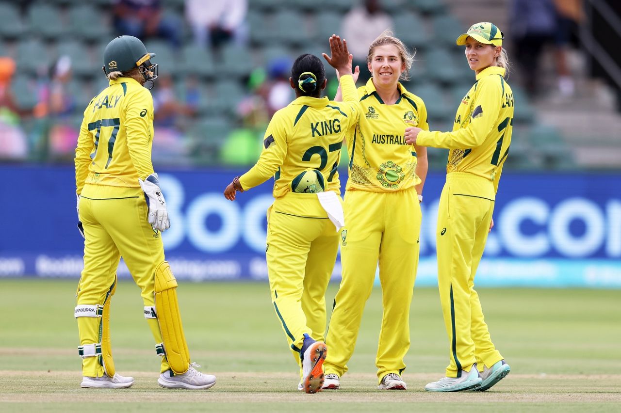 Georgia Wareham celebrates the dismissal of Anushka Sanjeewani, Australia vs Sri Lanka, Women's T20 World Cup, Gqeberha, February 16, 2023