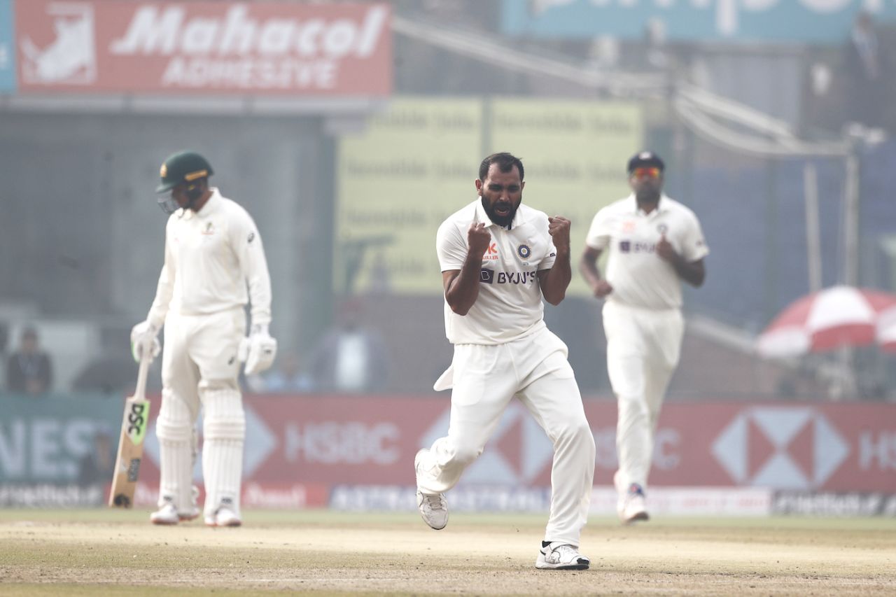 Mohammed Shami celebrates an lbw decision against David Warner, which was overturned on review India vs Australia, 2nd Test, Delhi, 1st day, February 17, 2023