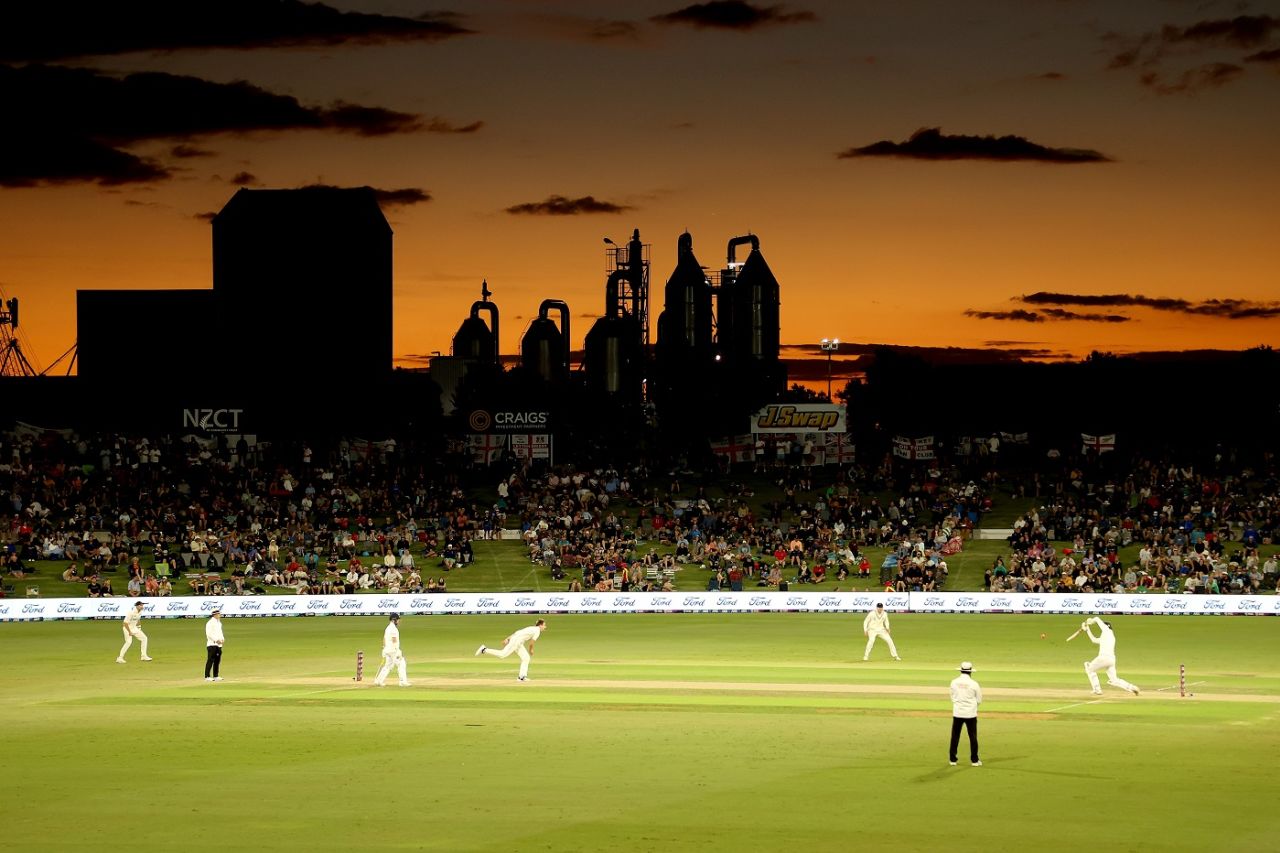 A view of the Bay Oval in twilight, New Zealand v England, 1st Test, Mount Maunganui, 2nd day, February 17, 2023