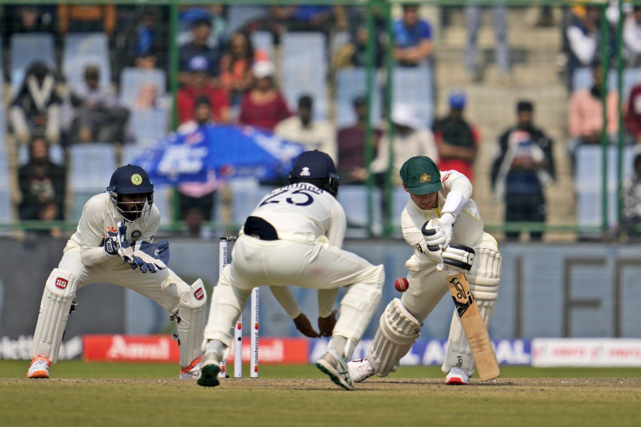 Peter Handscomb blocks the ball past silly mid-off, India vs Australia, 2nd Test, Delhi, 1st day, February 17, 2023