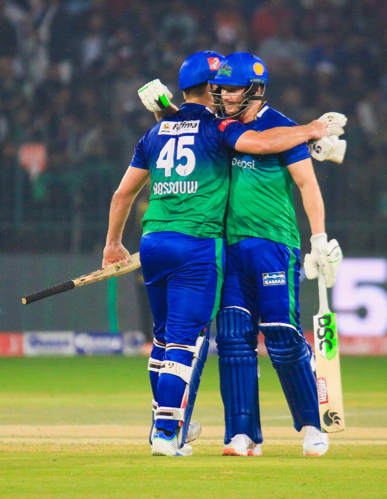 Rilee Rossouw and David Miller embrace during their partnership, Multan Sultans vs Peshawar Zalmi, PSL, Karachi, February 17, 2023
