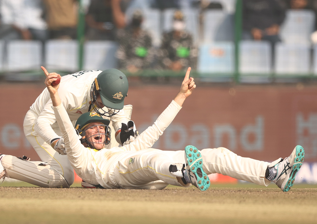 Peter Handscomb celebrates a remarkable catch at short leg, India vs Australia, 2nd Test, Delhi, 2nd day, February 18, 2023