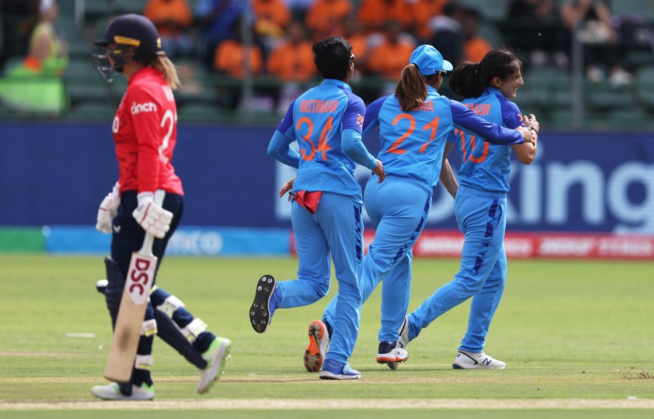 Renuka Singh wheels away after dismissing Danni Wyatt, England vs India, Women's T20 World Cup, Gqeberha, February 18, 2023