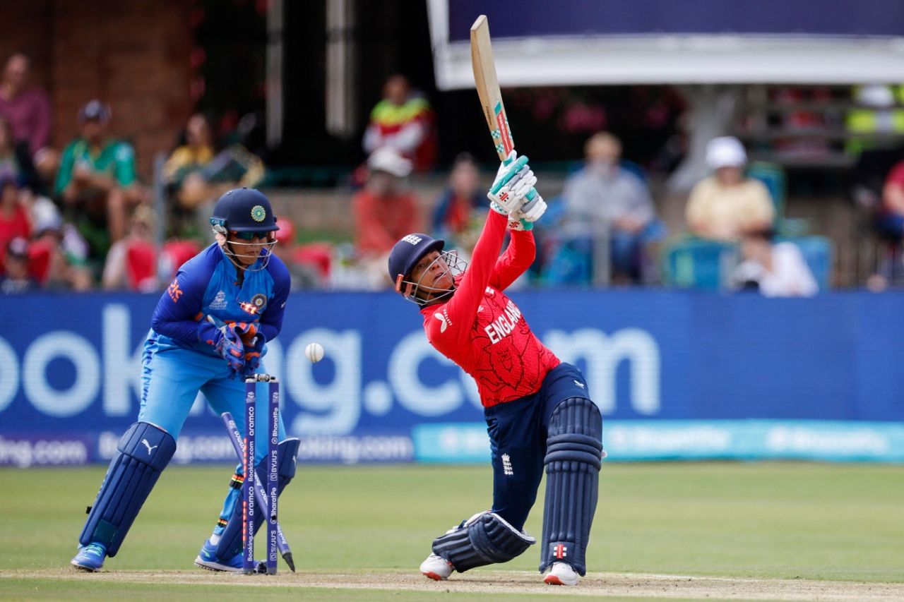 Sophia Dunkley is bowled after making a lot of room against an inswinger, England vs India, Women's T20 World Cup, Gqeberha, February 18, 2023