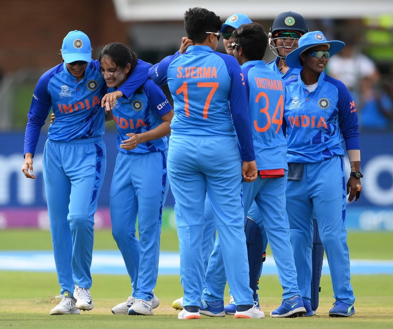 Renuka Singh is mobbed by her team-mates after her third wicket, England vs India, Women's T20 World Cup, Gqeberha, February 18, 2023