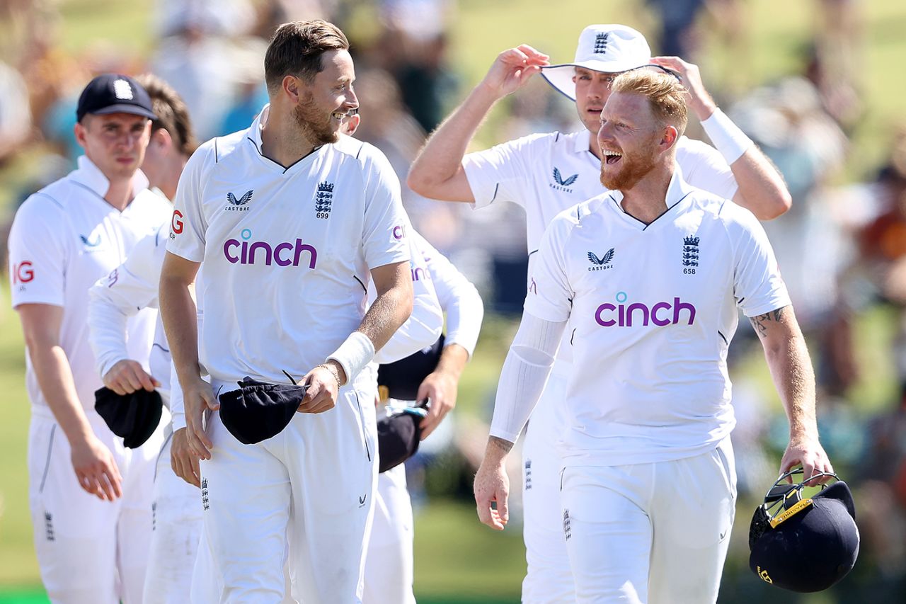 Last laugh: Ollie Robinson and Ben Stokes enjoy the feeling of victory, New Zealand v England, 1st Test, Mount Maunganui, 4th day, February 19, 2023