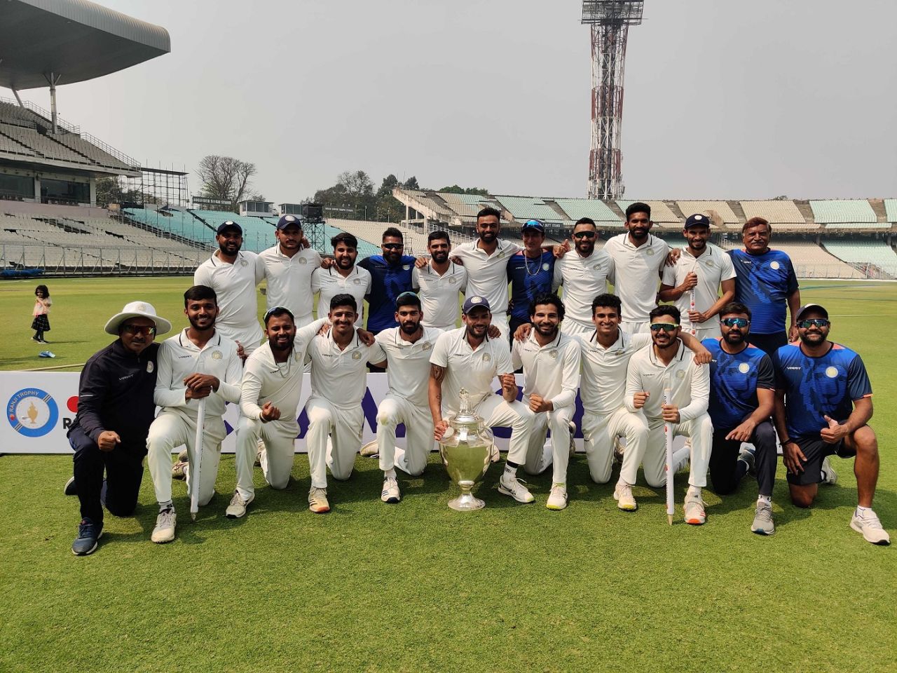 The victorious Saurashtra team after winning their second Ranji Trophy, Bengal vs Saurashtra, Bengal vs Saurashtra, Ranji Trophy 2022-23 final, Kolkata, 4th day, February 19, 2023