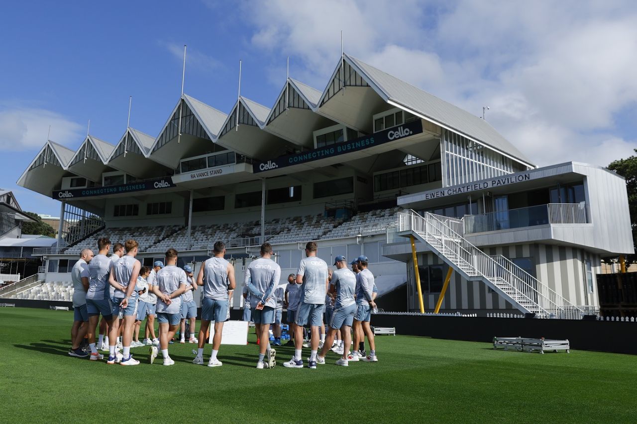 The England team forms a huddle at the Basin Reserve, Wellington, February 22, 2023