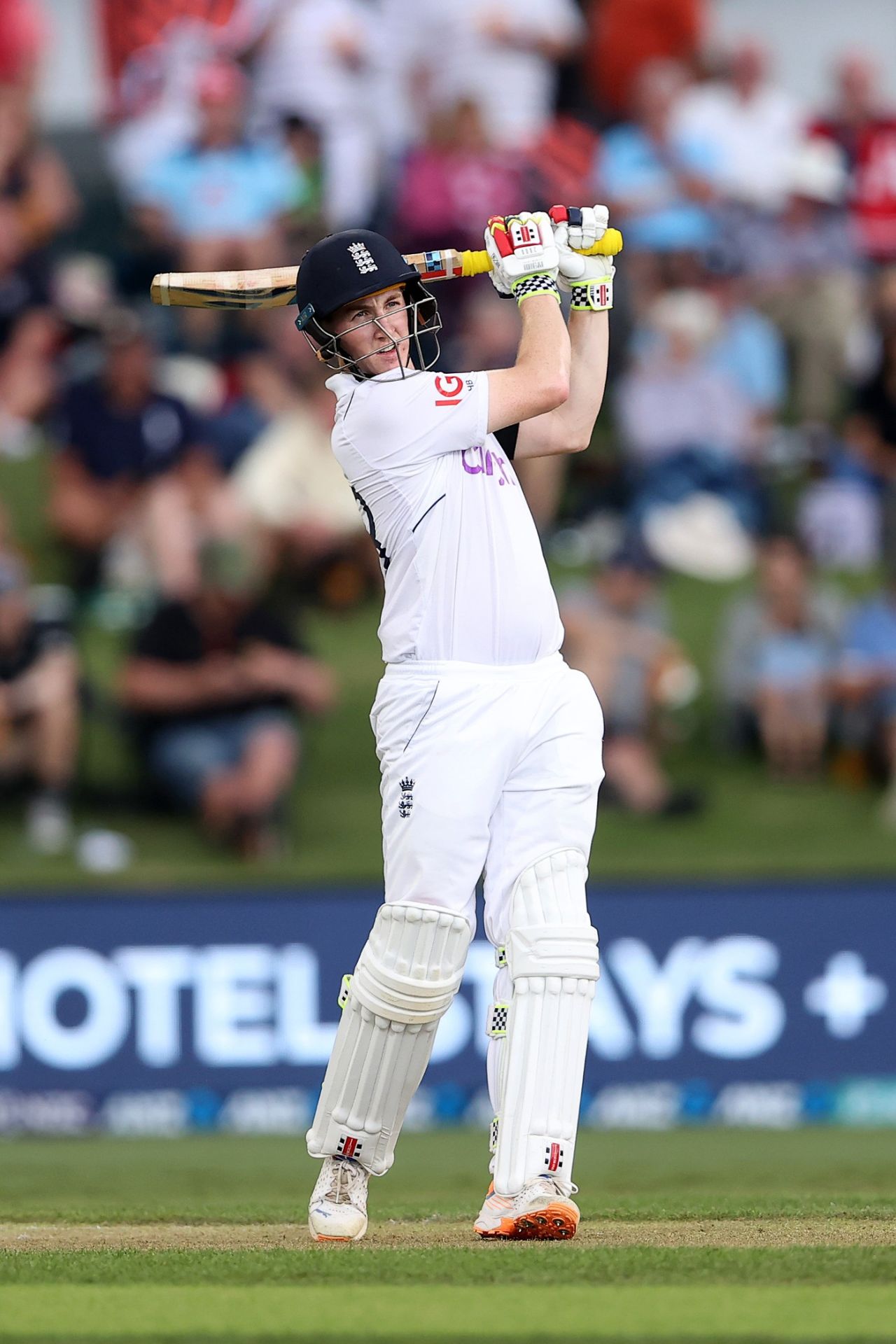 Harry Brook launches another drive down the ground, New Zealand v England, 1st Test, Mount Maunganui, 3rd day, February 18, 2023