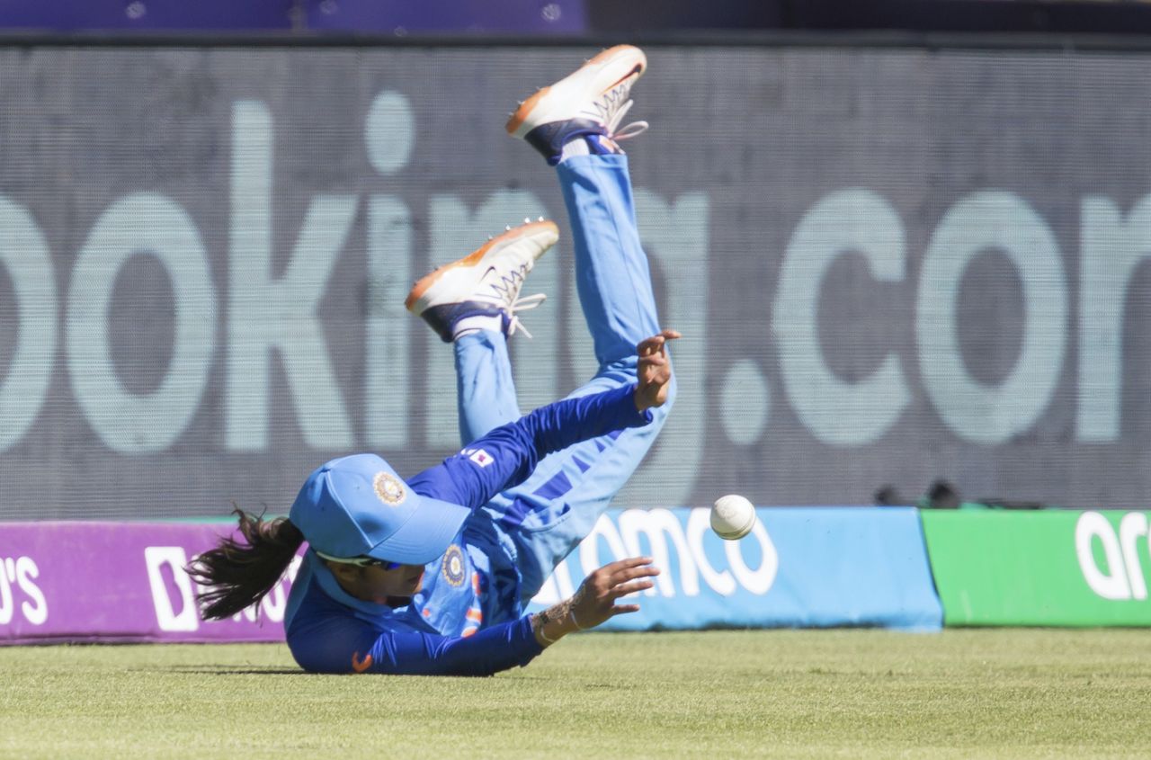 Jemimah Rodrigues slides across the field to stop the ball, Australia vs India, Women's T20 World Cup, semi-final, Cape Town, February 23, 2023