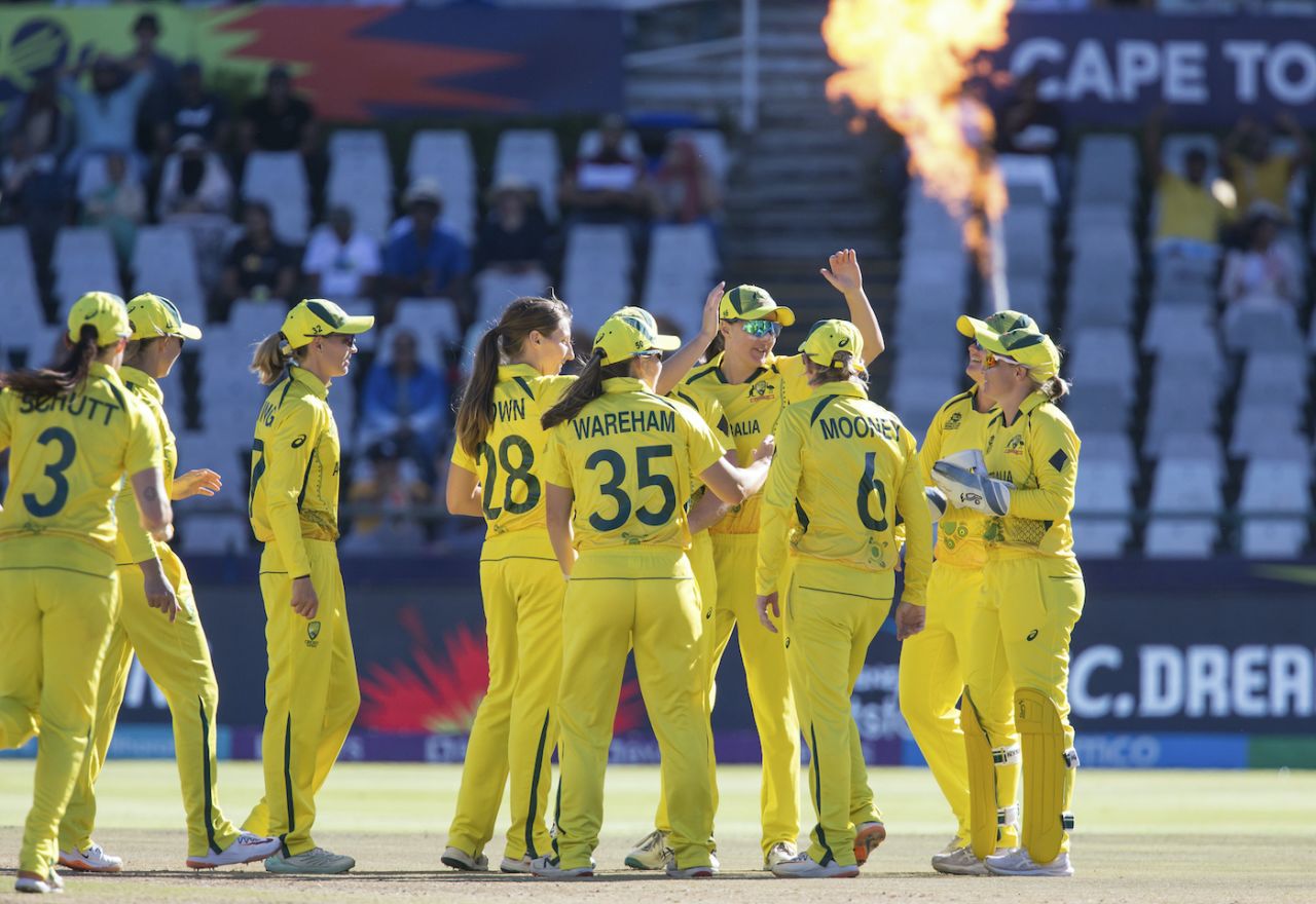 Darcie Brown celebrates with her team-mates, Australia vs India, Women's T20 World Cup, semi-final, Cape Town, February 23, 2023