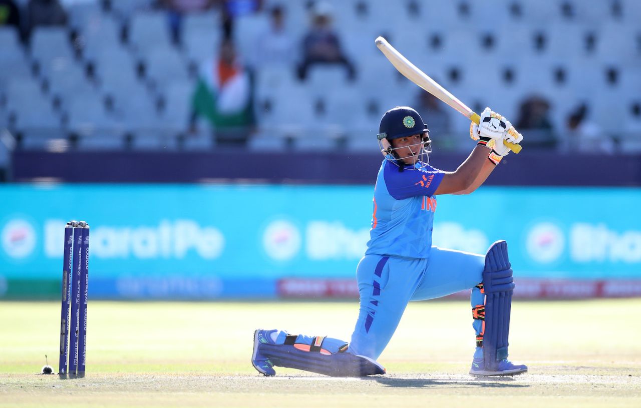 Richa Ghosh launches into a cover drive, Australia vs India, Women's T20 World Cup, semi-final, Cape Town, February 23, 2023