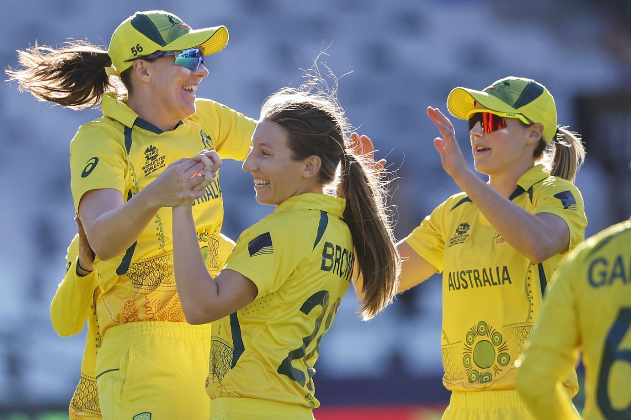 Darcie Brown Celebrates With Grace Harris And Ellyse Perry Espncricinfo Com