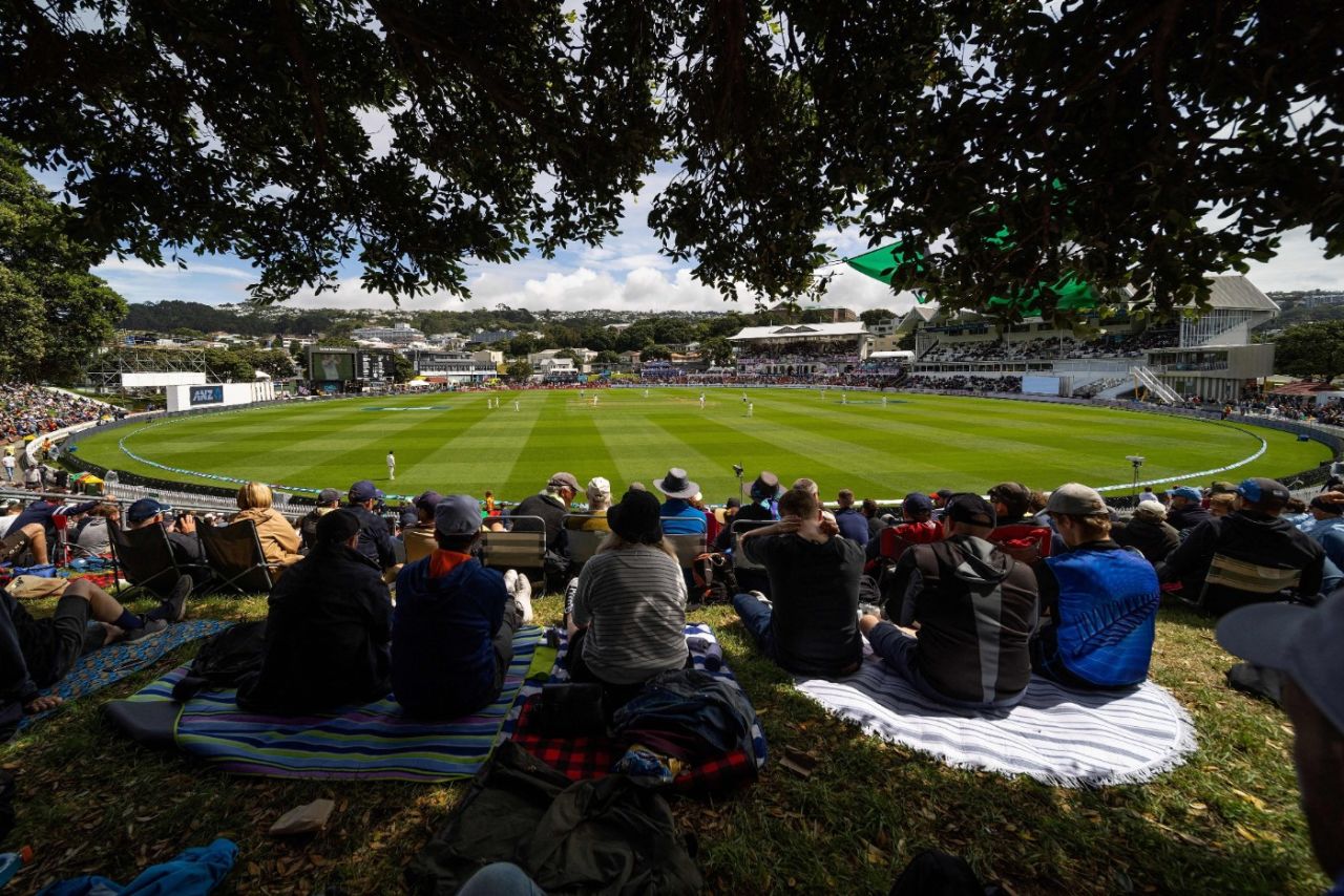 Spectators enjoy the view at the Basin Reserve, Wellington, during the second Test, general view, New Zealand vs England, 2nd Test, 1st day, Wellington, February 24, 2023