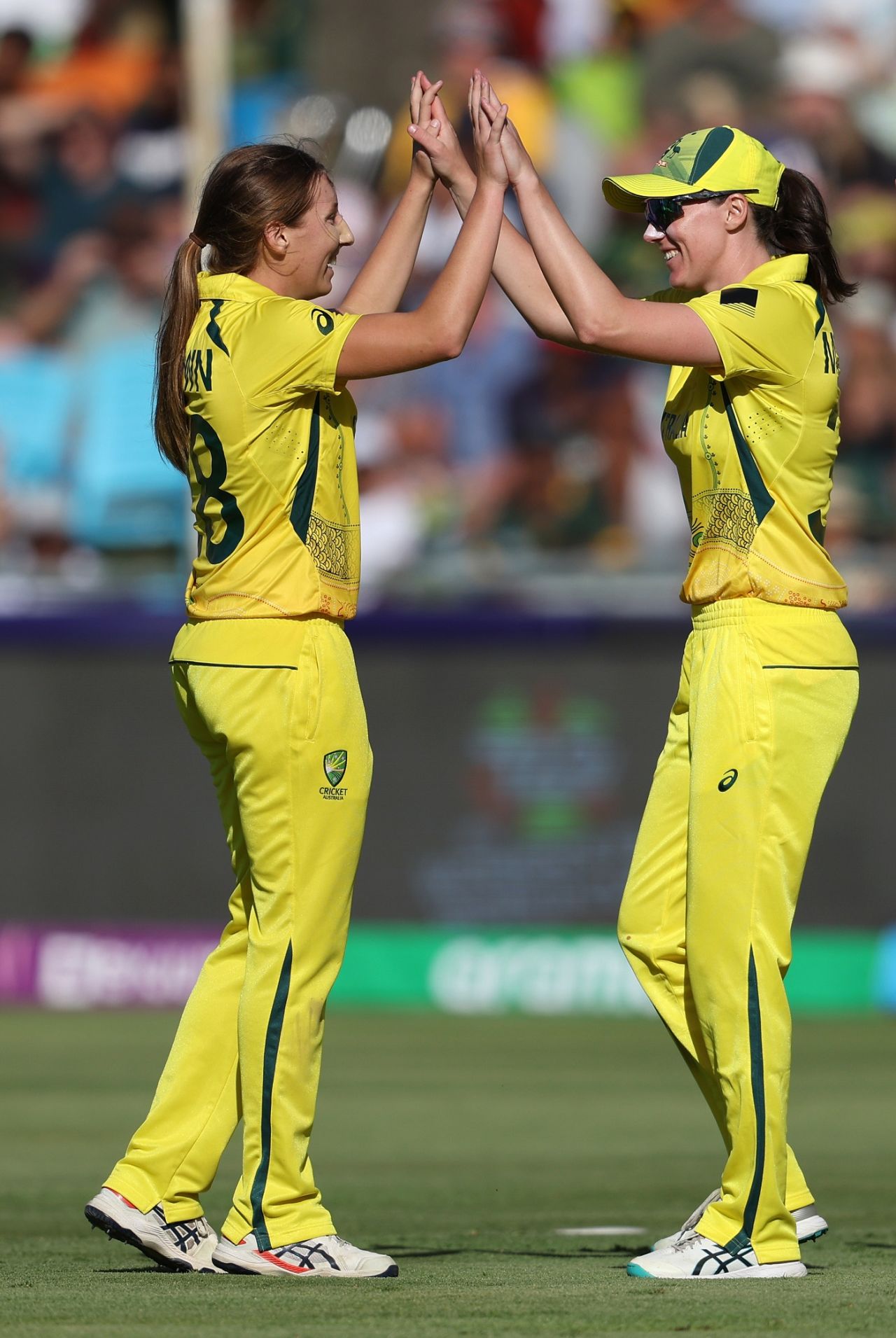Darcie Brown celebrates with Tahlia McGrath, South Africa vs Australia, Women's T20 World Cup, Final, Cape Town, February 26, 2023