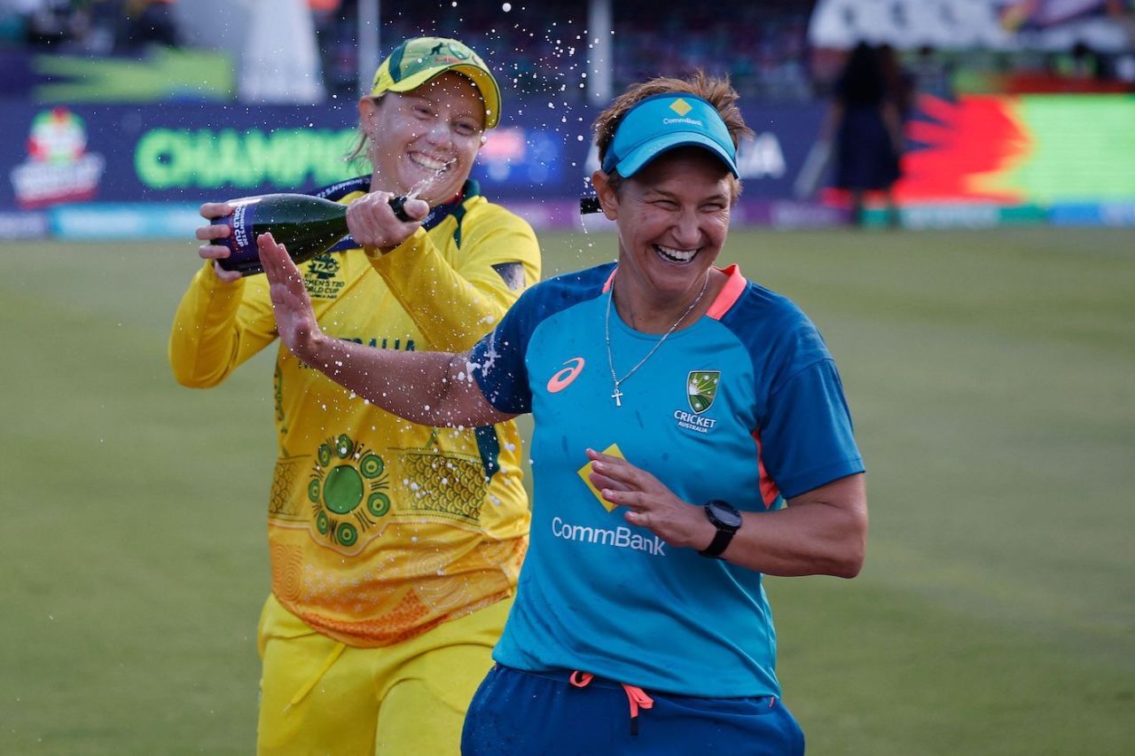 Alyssa Healy looks to shower Shelley Nitschke in champagne during celebrations, South Africa vs Australia, Women's T20 World Cup, Final, Cape Town, February 26, 2023