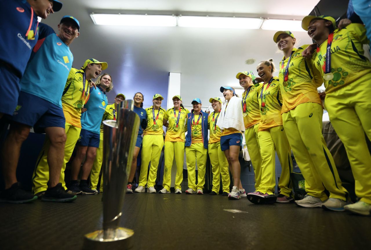 Australia's players and staff members in post-win celebrations, South Africa vs Australia, Women's T20 World Cup, Final, Cape Town, February 26, 2023
