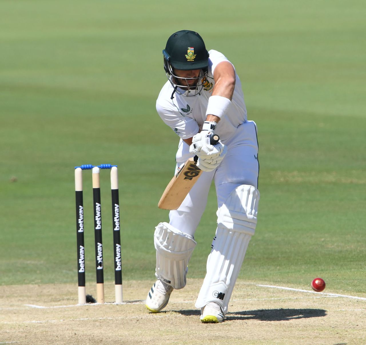 Aiden Markram sets up to block the ball, South Africa vs West Indies, 1st Test, Centurion, 1st day, February 28, 2023
