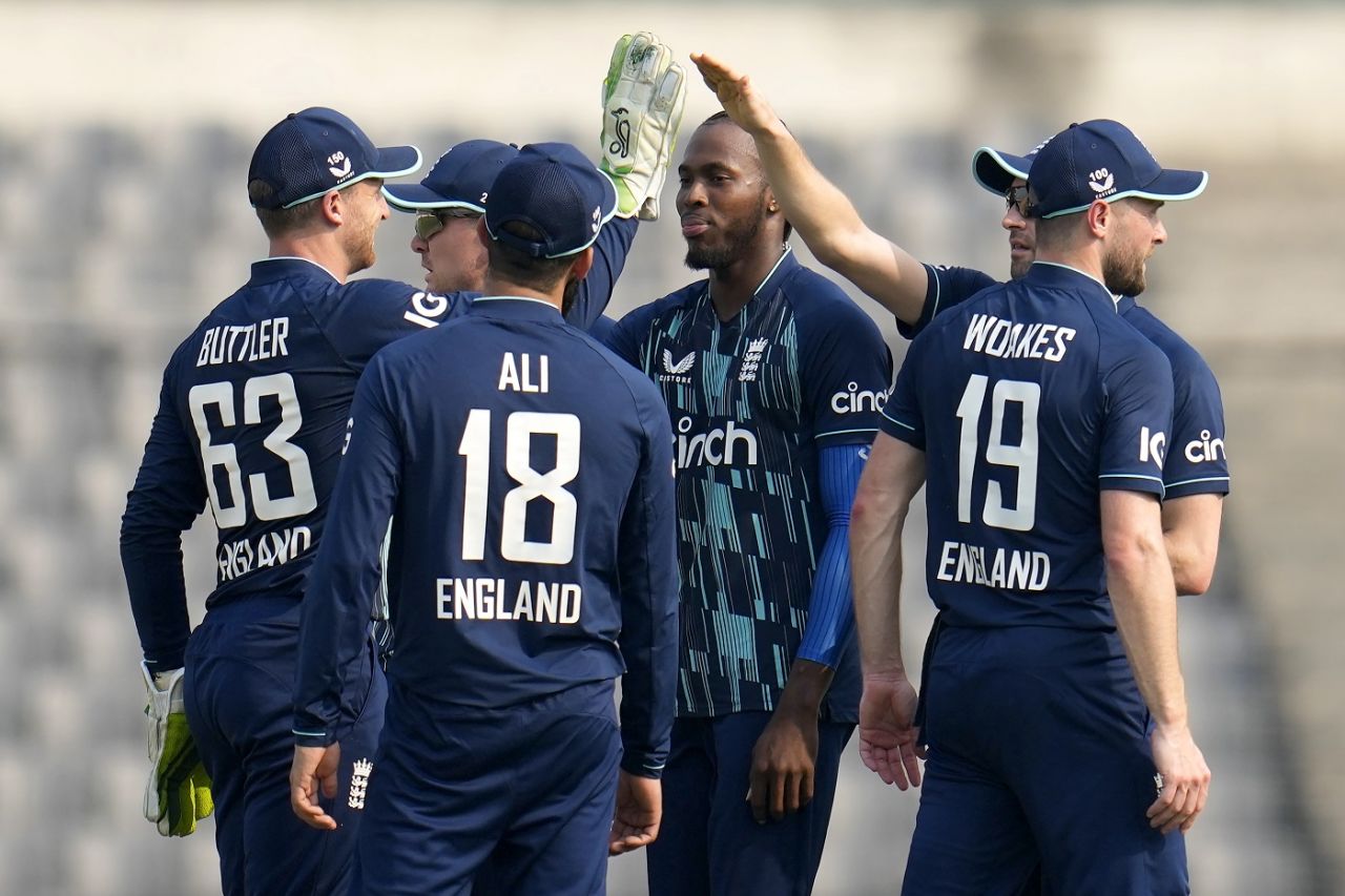 Jofra Archer is mobbed by his team-mates, Bangladesh vs England, 1st ODI, Mirpur, March 1, 2023