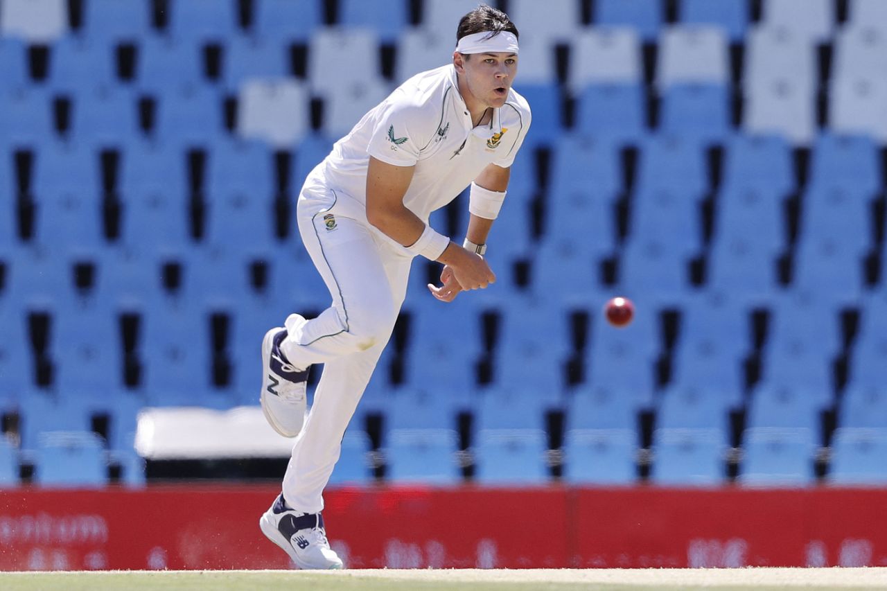 Gerald Coetzee reacts to a close call, South Africa vs West Indies, 1st Test, Centurion, 2nd day, March 1, 2023