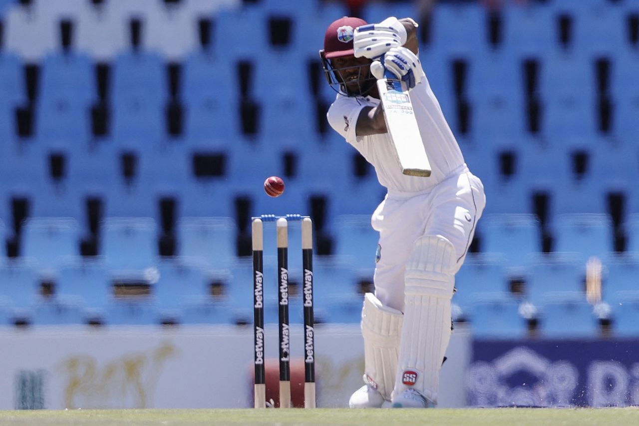 Jermaine Blackwood drives through the off-side, South Africa vs West Indies, 1st Test, Centurion, 2nd day, March 1, 2023
