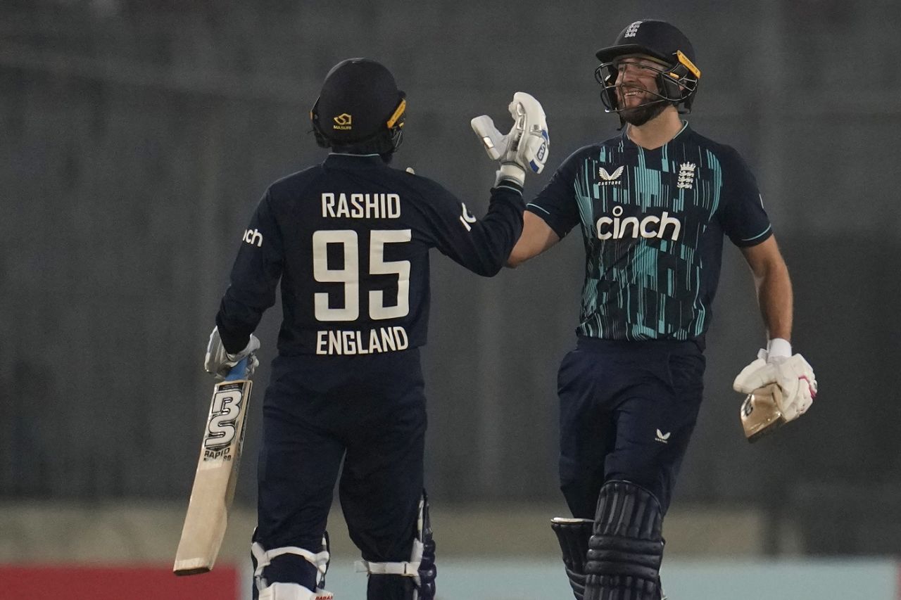 Dawid Malan and Adil Rashid get together after sealing a tricky chase, Bangladesh vs England, 1st ODI, Mirpur, March 1, 2023