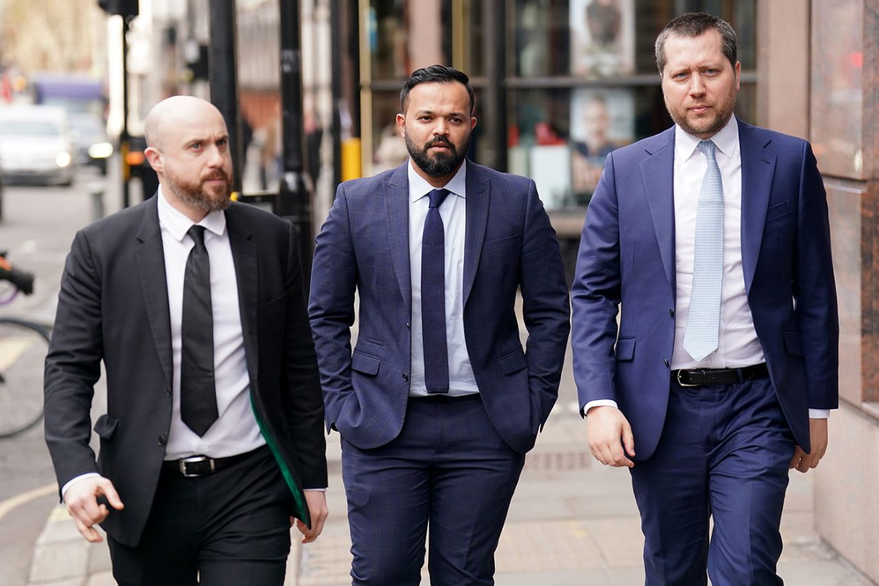 Azeem Rafiq (centre) arrives for the CDC Panel Hearing at the International Arbitration Centre, London, March 1, 2023