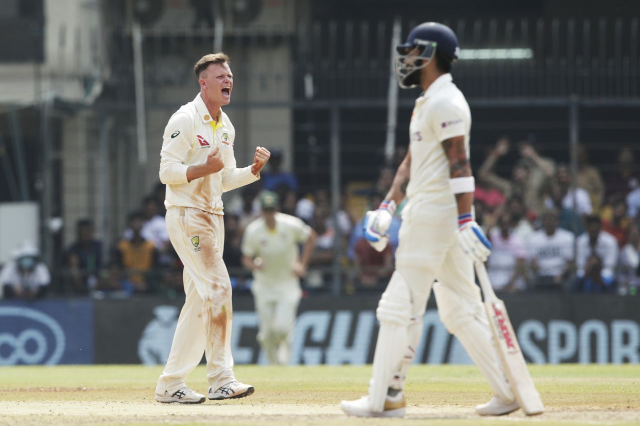 Matthew Kuhnemann roars after pinning Virat Kohli lbw, India vs Australia, 3rd Test, Indore, 2nd day, March 2, 2023