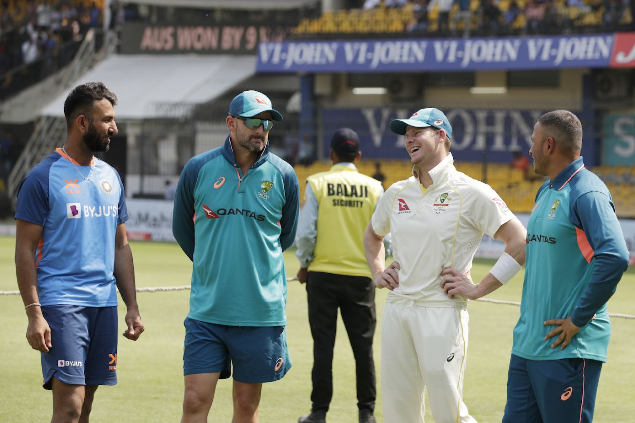 Cheteshwar Pujara, Nathan Lyon, Steven Smith and Usman Khawaja catch up after another early finish, India vs Australia, 3rd Test, Indore, 3rd day, March 3, 2023