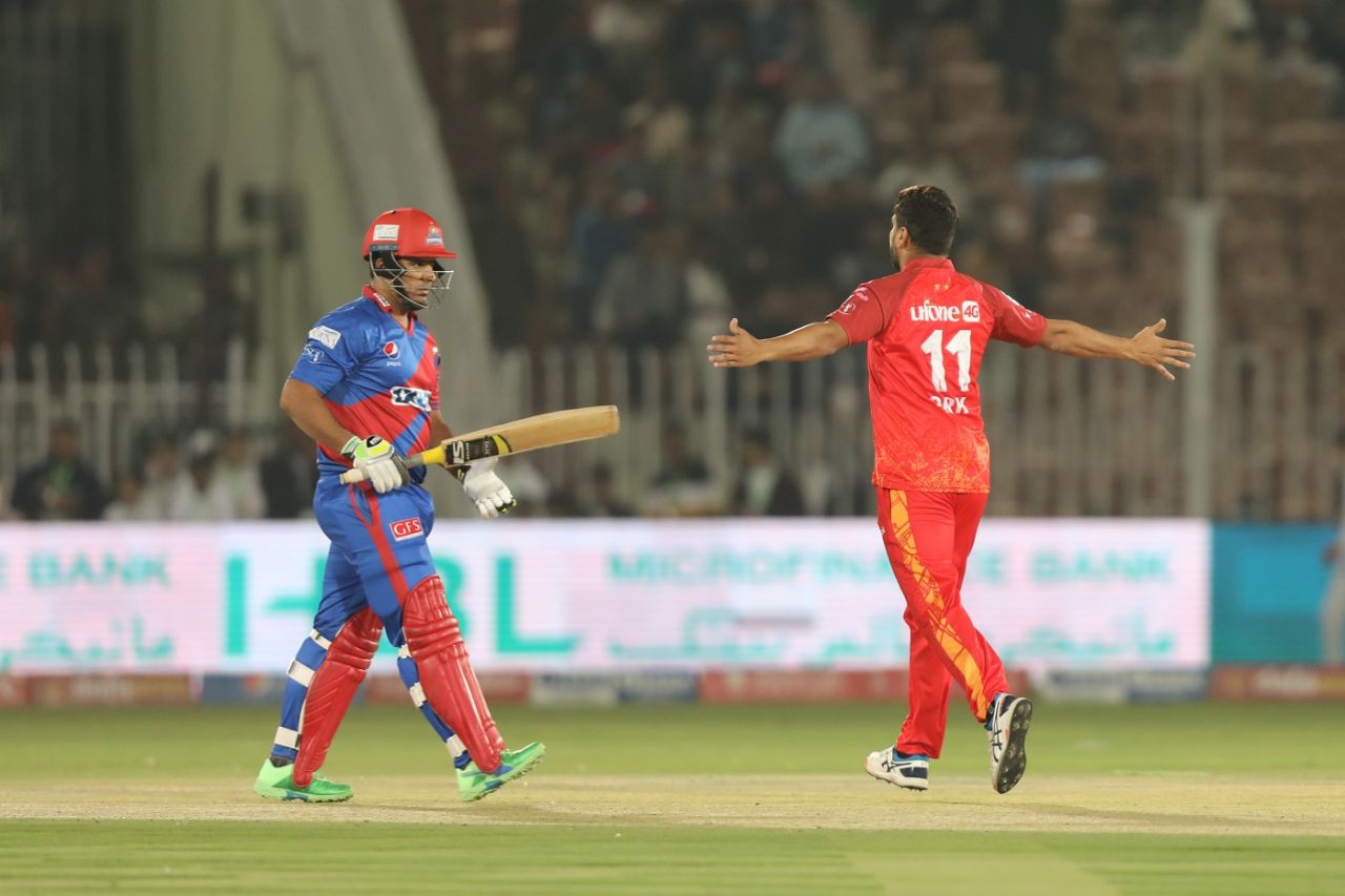 Rumman Raees celebrates the wicket of Sharjeel Khan, Islamabad United vs Karachi Kings, PSL, Lahore, March 03, 2023