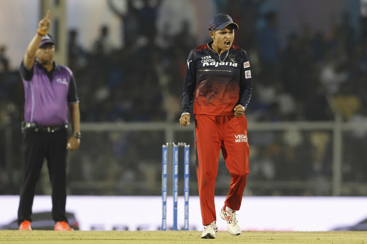 Preeti Bose is pumped up after getting rid of Yastika Bhatia, Mumbai Indians vs Royal Challengers Bangalore, WPL 2023, Mumbai, March 6, 2023