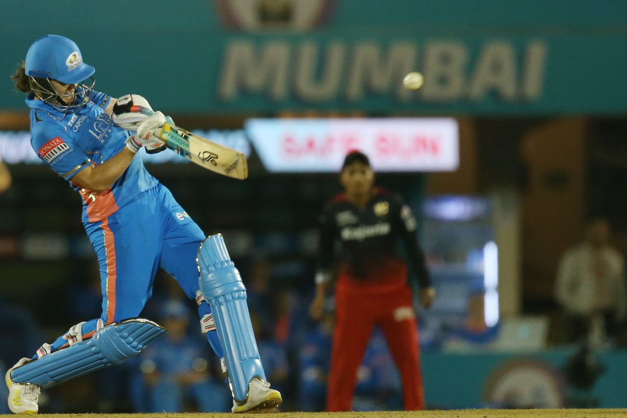 Nat Sciver-Brunt muscles the ball away, Mumbai Indians vs Royal Challengers Bangalore, WPL 2023, Mumbai, March 6, 2023