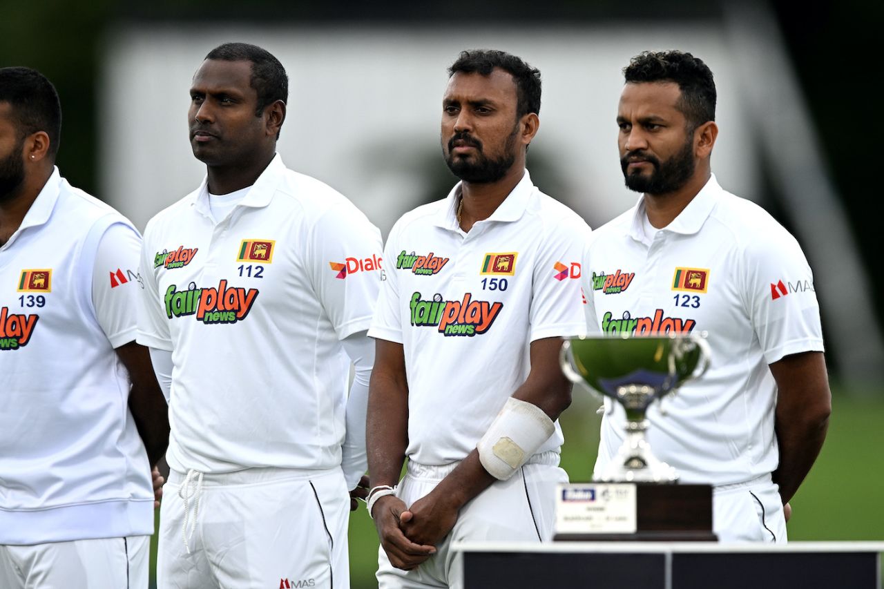 Angelo Mathews, Oshada Fernando and Dimuth Karunaratne at the national anthem, New Zealand vs Sri Lanka, 1st Test, Christchurch, 1st day, March 9, 2023