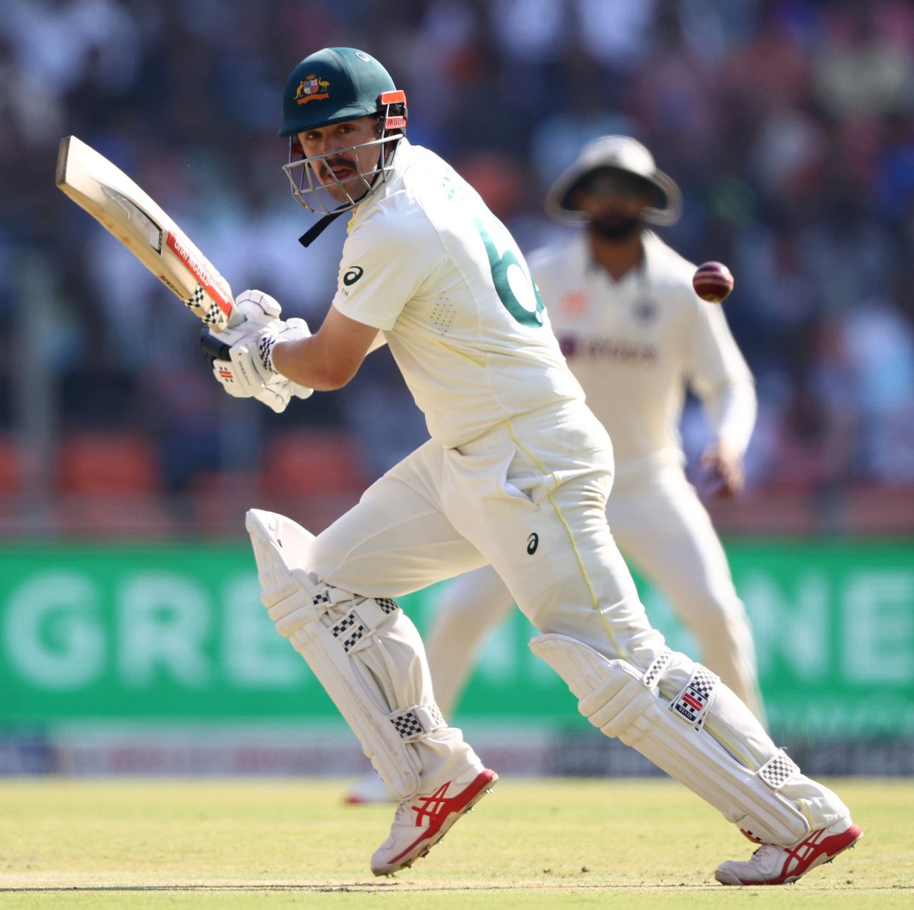 Travis Head taps the ball towards point, India vs Australia, 4th Test, Ahmedabad, 1st day, March 9, 2023