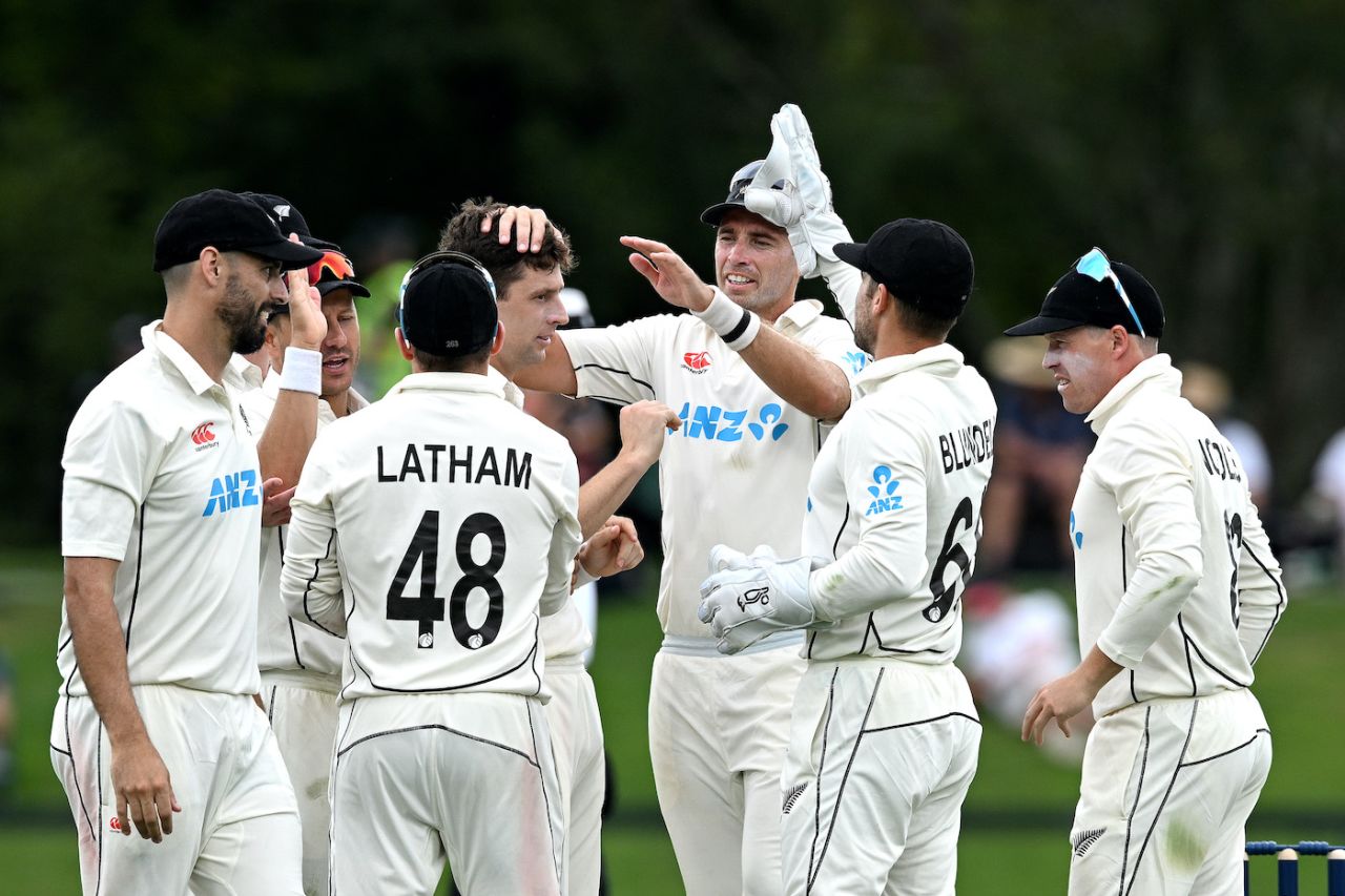 Matt Henry celebrates with Tim Southee and Co, New Zealand vs Sri Lanka, 1st Test, Christchurch, 1st day, March 9, 2023